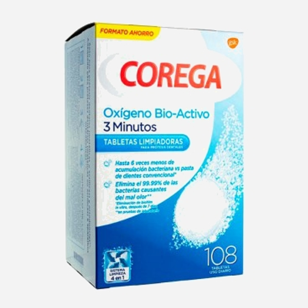 Tabletki czyszczące do protez i aparatow ortodontycznych Corega Bio-Active Oxygen 108 tabeletek (5054563034809) - obraz 1