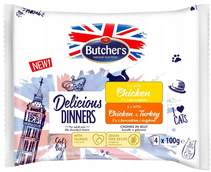 Mokra karma dla kotów Butcher's Delicious Dinners z kurczakiem i indykiem 4 x 100 g (5011792008230) - obraz 1