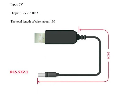 Кабель живлення USB - DC 5.5х2.1 мм з перетворювачем 5v - 12v для роутера, Т2 (1м) - зображення 3