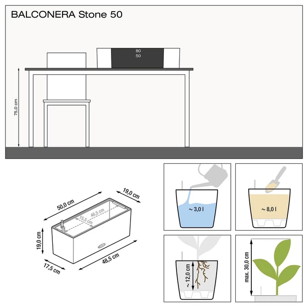 Вазон Lechuza Balconera Stone 50 кварцовый белый 8 л - Фото 3 Вазон Lechuza Balconera Stone 50 кварцовый белый 8 л - изображение 3