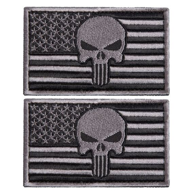 Набір шевронів 2 шт з липучкою Прапор США з черепом сірий 5х8 см - зображення 1