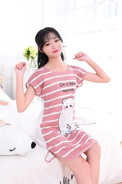 Женская ночная рубашка платье для дома и сна с принтом женский домашний комплект в линейку one size розовый белый - изображение 3