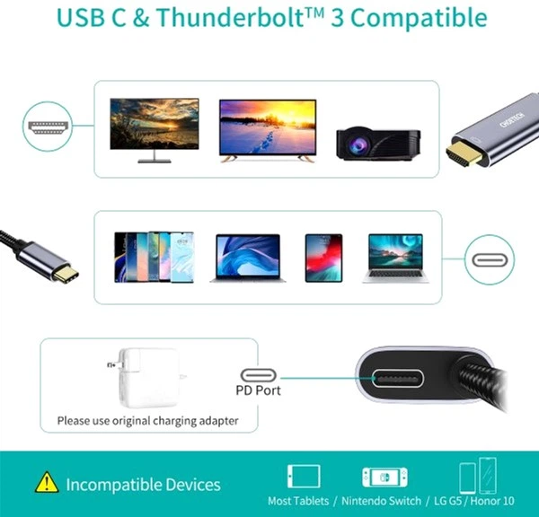 Кабель Choetech USB-C на HDMI 1.8 м Черный (XCH-M180GY) - Фото 4 Кабель Choetech USB-C на HDMI 1.8 м Черный (XCH-M180GY) - изображение 4