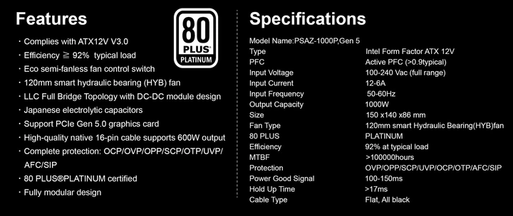 Блок живлення AZZA PLATINUM 1000W - V2 ATX 3.0 (PSAZ-1000P) - зображення 6