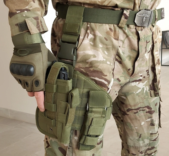 Настегнана тактична кобура для пістолета Tactic універсальна кобура на пояс з кишенею під магазин Олива (holster-1019-olive) - зображення 1