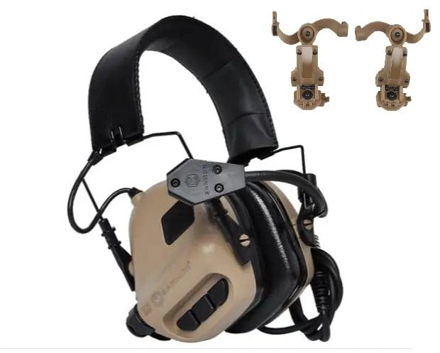 Активные шумоподавляющие наушники Earmor М32 для защиты органов слуха с креплениями чебурашка на баллистический шлем каску OPS Core Койот (Kali) - изображение 1