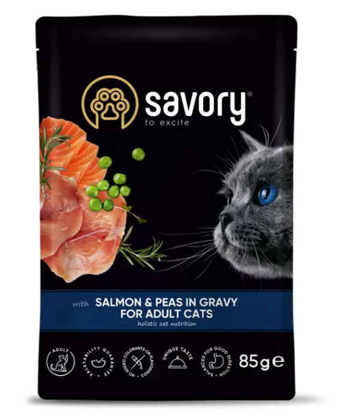 Вологий корм для дорослих котів Savory 85 г - лосось та горошок (20116) - Фото 1 Вологий корм для дорослих котів Savory 85 г - лосось та горошок (20116) - изображение 1