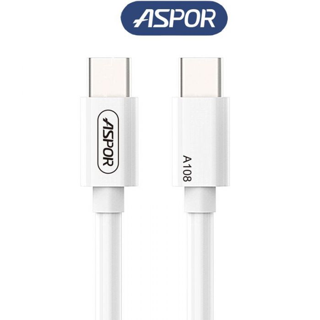 Кабель Aspor A108 Type-C to Type-C 3.1A/1м- білий - Фото 1 Кабель Aspor A108 Type-C to Type-C 3.1A/1м- білий - зображення 1