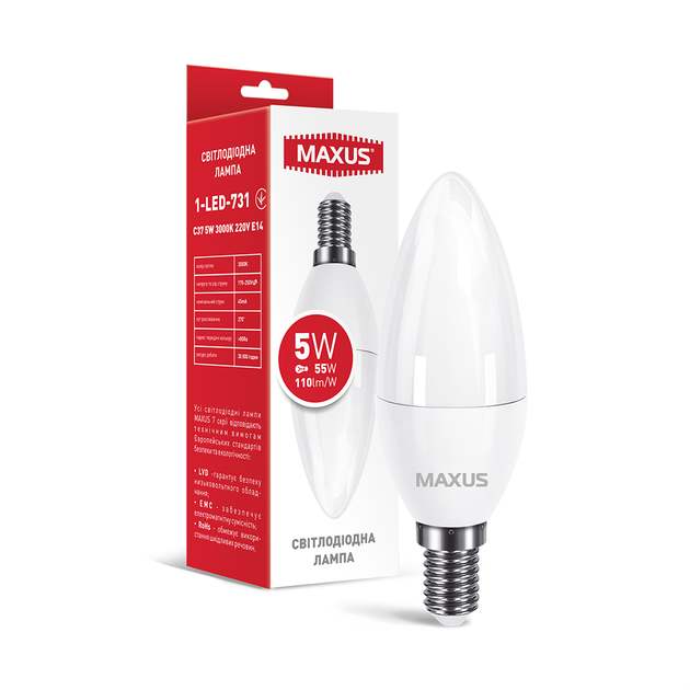 Светодиодная лампочка MAXUS 1-LED-731 C37 5W 3000K E14 свеча - Фото 1 Светодиодная лампочка MAXUS 1-LED-731 C37 5W 3000K E14 свеча - изображение 1