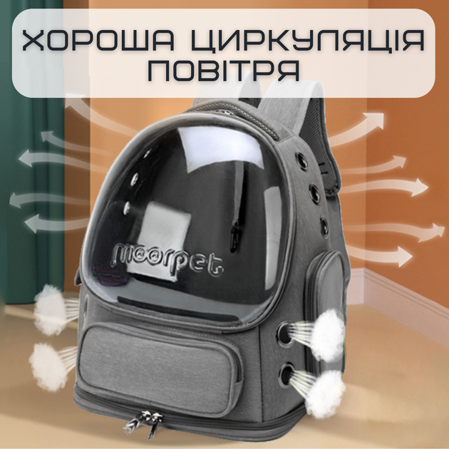 Прозрачный Рюкзак Переноска Для Кошек 42*34*27 см Сумка с Иллюминатором Для Перевозки Животных MoorPet до 7 кг Серая - изображение 6