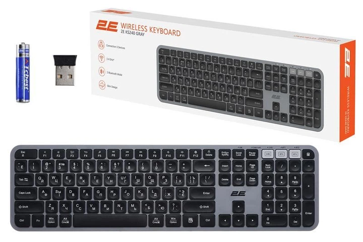 Клавіатура бездротова 2E KS240 WL BT Gray (2E-KS240WG_UA) - Фото 4 Клавіатура бездротова 2E KS240 WL BT Gray (2E-KS240WG_UA) - зображення 4