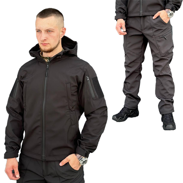 Чоловічий Костюм на флісі Куртка + Штани / Утеплена форма Softshell чорна розмір XL - зображення 1