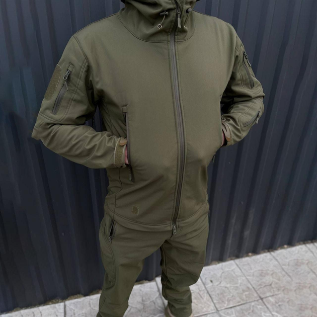 Зимний мужской Костюм SoftShell на флисе / Водонепроницаемый Комплект Куртка с капюшоном + Брюки хаки размер M - изображение 2