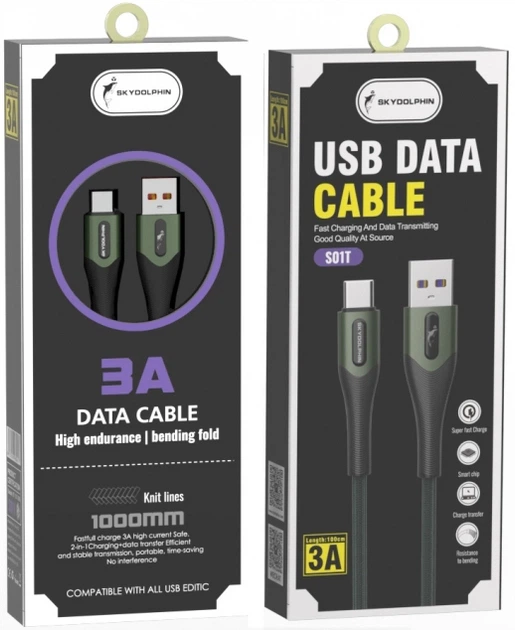 Кабель Sky Dolphin S01T Braided Fast USB to Type-C 3 A 1 м Темно-зелений (USB-000582) - Фото 2 Кабель Sky Dolphin S01T Braided Fast USB to Type-C 3 A 1 м Темно-зелений (USB-000582) - зображення 2