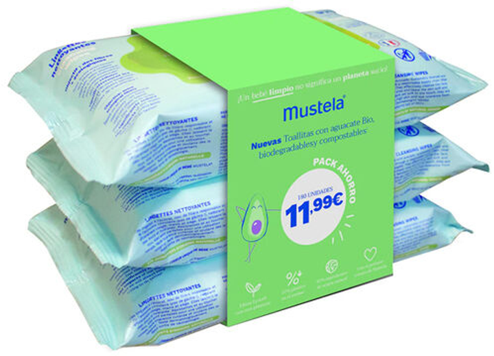 Набір косметичних вологих серветок Mustela Wipes 3 x 60 шт (8436034153658) - зображення 1