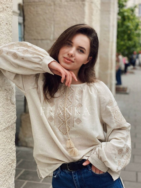 Жіноча вишита блуза бежева вишиванка класична "Трояна" на тонкому домотканому полотні 12079-46 (M) - зображення 5