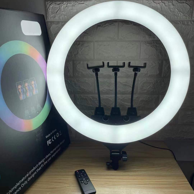Большая кольцевая лампа светодиодная M-Light RGB Led 56см с тремя держателями телефона и пультом, разноцветная подсветка для селфи - изображение 8