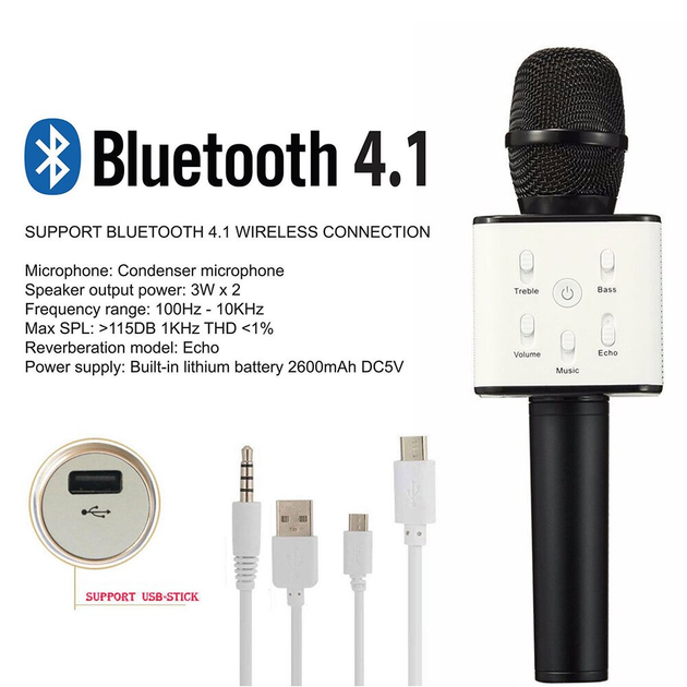Беспроводной караоке микрофон Bluetooth UTM Q7s PRO стерео с функцией эхо, USB, кейс Черный - изображение 10