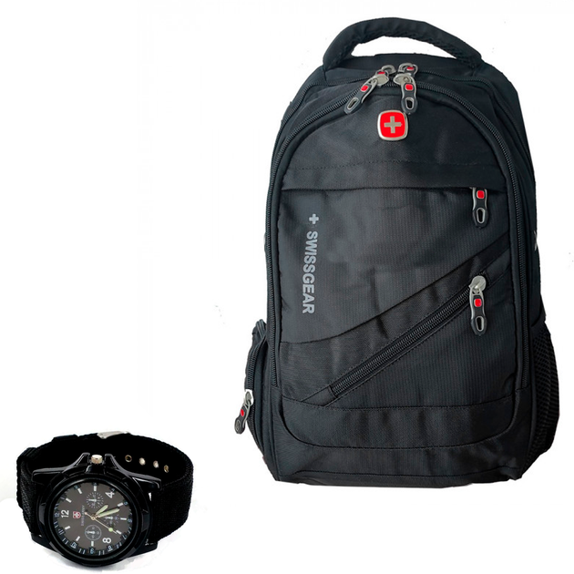Рюкзак городской SwissGear-Black универсальный, для ноутбука, туристический с чехлом от дождя, разъем USB и для наушников Черный + Мужские кварцевые часы SwissArmy - изображение 8