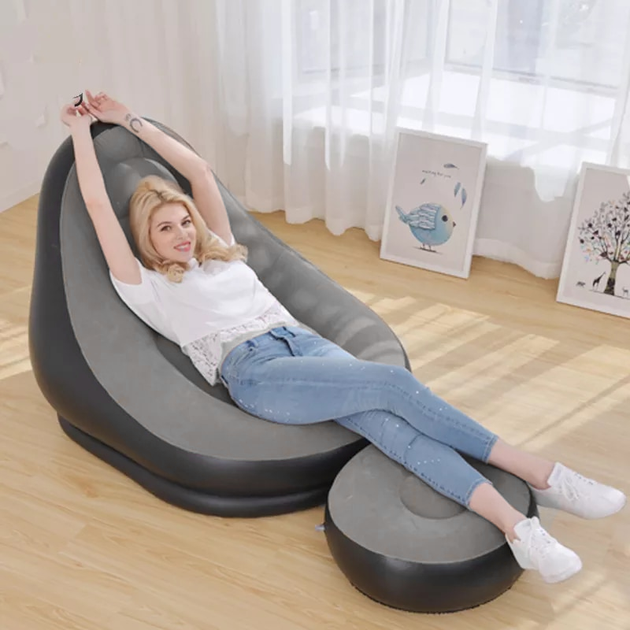 Надувний диван 2в1 з пуфиком для ніг Soft Rest A-Sofa м'які надувні меблі з флокованою накладкою Чорно-сірий - зображення 5