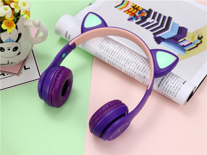 Бездротові Bluetooth навушники з котячими вушками повнорозмірні CAT-ear CEP47-M з LED підсвічуванням та MicroSD, microUSB, AUX Violet - зображення 2