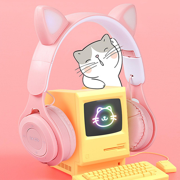 Беспроводные Bluetooth наушники с кошачьими ушками полноразмерные CAT-ear CEP47-M с LED подсветкой и MicroSD, microUSB, AUX Pink - изображение 6