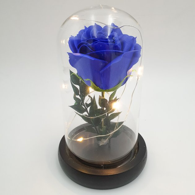 Троянда в колбі під скляним куполом яскрава з підсвічуванням Rose of Love LED стабілізована квітка вічна троянда 16см Blue + Кулон "Я Люблю Тебе" ста мовами світу - зображення 2