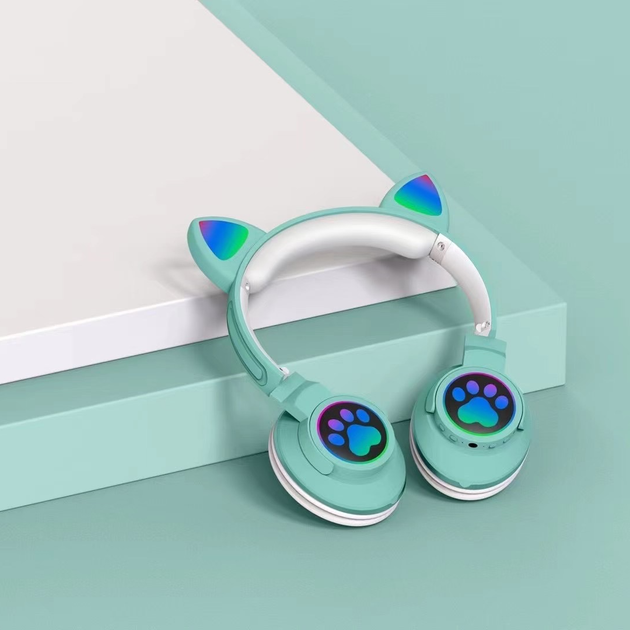 Детские беспроводные наушники кошачьи ушки CATear ME1-CE Bluetooth с LED подсветкой, плеером и MicroSD до 32Гб Бирюзовые - изображение 5