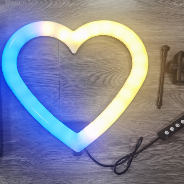 Кольцевая лампа светодиодная в форме сердца M-Light Heart Led RGB 33см с держателем телефона, разноцветный свет для селфи и блогеров, USB+ Штатив 2 метра+Bluetooth пульт+Микрофон - Фото 5 Кольцевая лампа светодиодная в форме сердца M-Light Heart Led RGB 33см с держателем телефона, разноцветный свет для селфи и блогеров, USB+ Штатив 2 метра+Bluetooth пульт+Микрофон - изображение 5