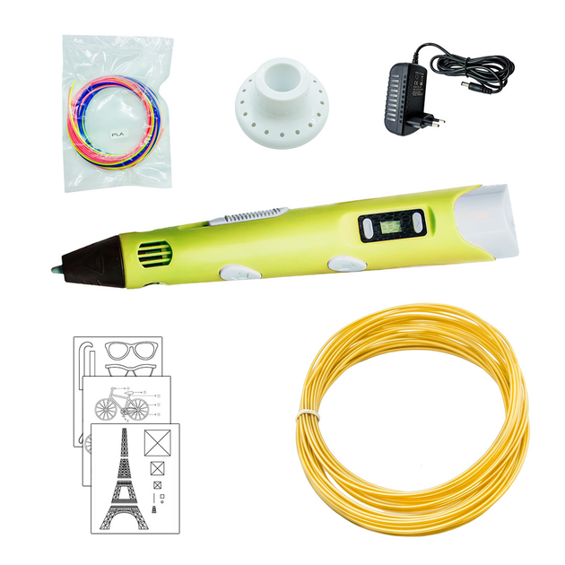 3D ручка c LCD дисплеем 3DPen Hot Draw 3 Yellow+Досточка+Ножницы+Комплект эко пластика для рисования 209 метров - изображение 14