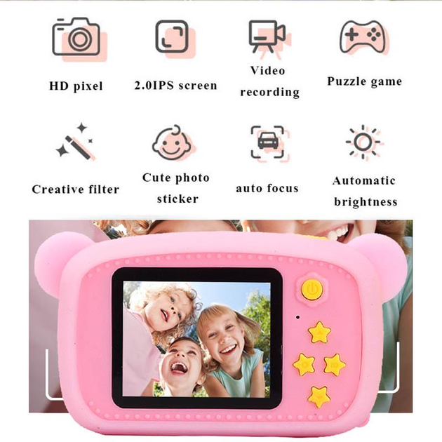 Детский цифровой фотоаппарат Smart Kids KM-89 Цифровая камера Мишка Teddy с играми и рамками, Full HD, 12 МП Розовый + Карта памяти 32 ГБ - изображение 3