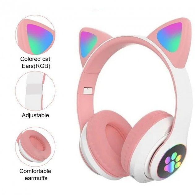 Повнорозмірні бездротові навушники Cat Headset M23 Bluetooth з RGB підсвічуванням і котячими вушками Hi-Fi Stereo Pink - зображення 7