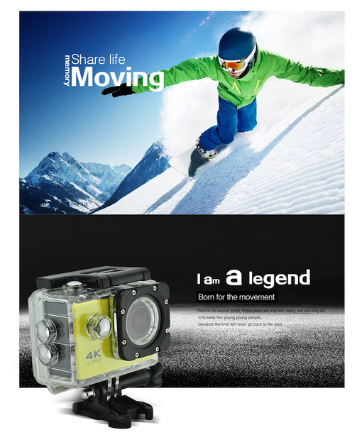Экшн камера с аквабоксом для подводной съемки и креплениями Action Camera FR600 Wi-Fi Full HD + пульт ДУ Жёлтая - изображение 2