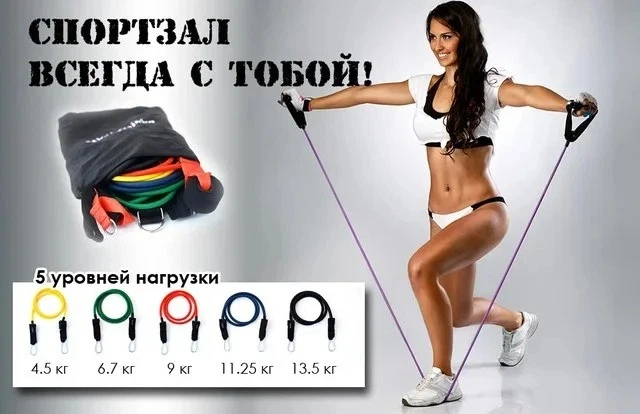 Набор трубчатых эспандеров тренажер для фитнеса Power 5 жгутов Многофункциональный комплект 11 предметов для занятия спортом - Фото 2 Набор трубчатых эспандеров тренажер для фитнеса Power 5 жгутов Многофункциональный комплект 11 предметов для занятия спортом - изображение 2