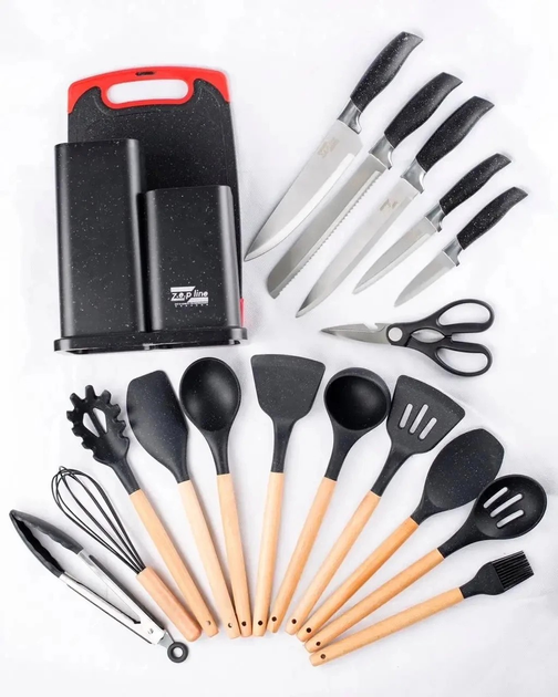 Набір ножів та кухонне начиння Zepline ZP-067 із силікону з підставкою 19 предметів, Чорний - зображення 2
