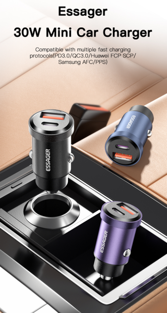 Автомобильное зарядное устройство Essager ES-CC07 30W USB+Type-C PD+QC3.0 Черный - Фото 8 Автомобильное зарядное устройство Essager ES-CC07 30W USB+Type-C PD+QC3.0 Черный - изображение 8