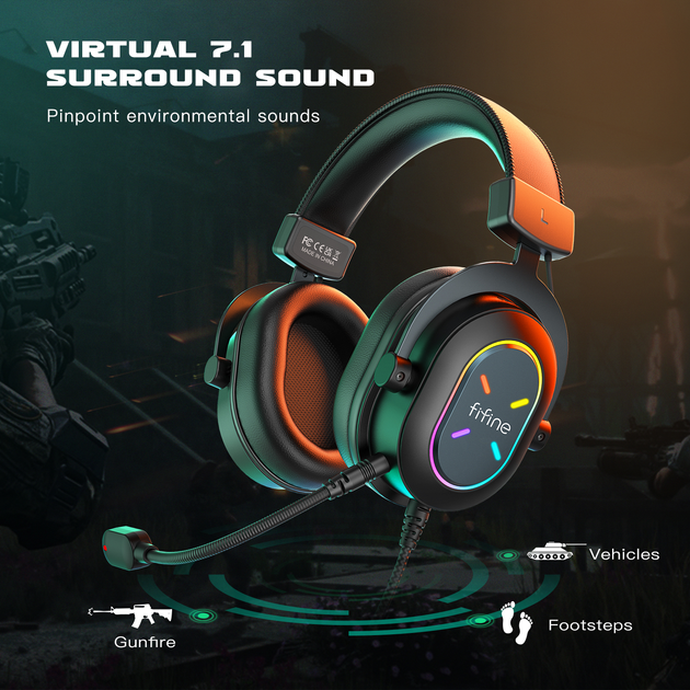 Fifine H6X USB наушники со съемным микрофоном, RGB подсветкой ...