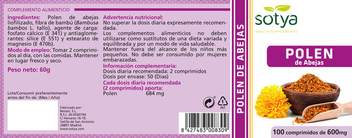 Suplement diety Sotya Polen 600 mg 100 kapsułek (8427483008309) - obraz 3