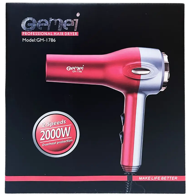 Профессиональный фен для волос с ионизацией и 2 температурных режима Gemei GM-1786 2000Вт Red - изображение 6
