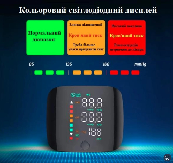 Цифровой автоматический портативный тонометр на запястье с голосовым оповещением и HD LED экраном черный - изображение 4