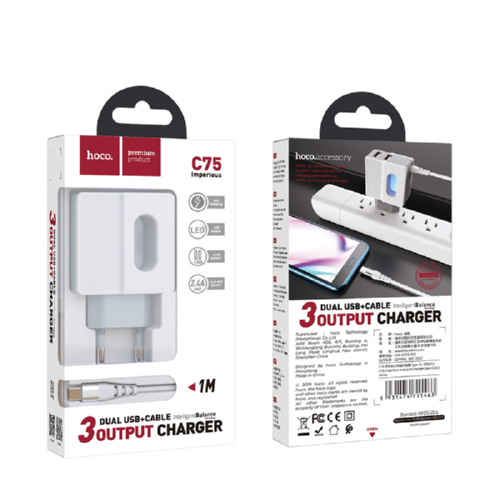 Адаптер HOCO мережевий Type-C cable C75 2USB 2.4A white - Фото 2 Адаптер HOCO мережевий Type-C cable C75 2USB 2.4A white - зображення 2