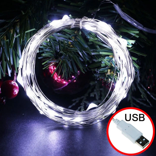 Новогодняя светодиодная гирлянда нить Роса 100 LED 10 метров Белый от USB - Фото 1 Новогодняя светодиодная гирлянда нить Роса 100 LED 10 метров Белый от USB - изображение 1