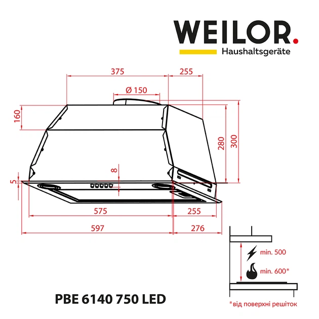 Вытяжка полновстраиваемая WEILOR PBE 6140 SS 750 LED - изображение 9