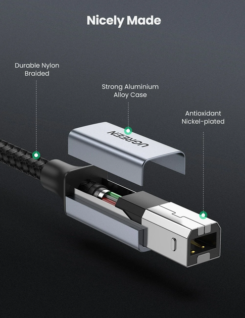 Кабель USB-C to USB type B 2.0 Ugreen US370 Printer Cable Black (80807) - изображение 7