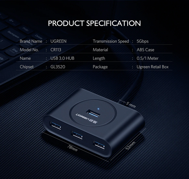 USB-хаб UGREEN розширювач із входом USB-A HUB адаптер (USB 3.0, 5 Gbps, 0.5m). Black - зображення 3