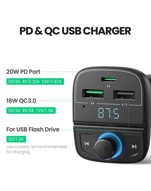 Автомобільний зарядний пристрій UGREEN CD229 для телефона Bluetooth FM Transmitter Black (80910) - зображення 2