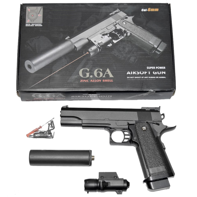 G6A Страйкбольний пістолет Galaxy Colt M1911 Hi-Capa з глушником і прицілом метал чорний - зображення 1
