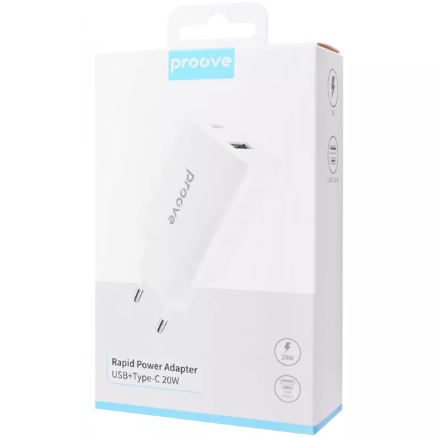 Сетевое зарядное устройство Proove Rapid 20W Adapter Type C + USB White - изображение 5