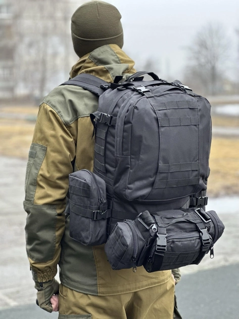 Тактический штурмовой рюкзак с подсумками Tactic военный рюкзак 55 литров Черный (1004-black) - изображение 2