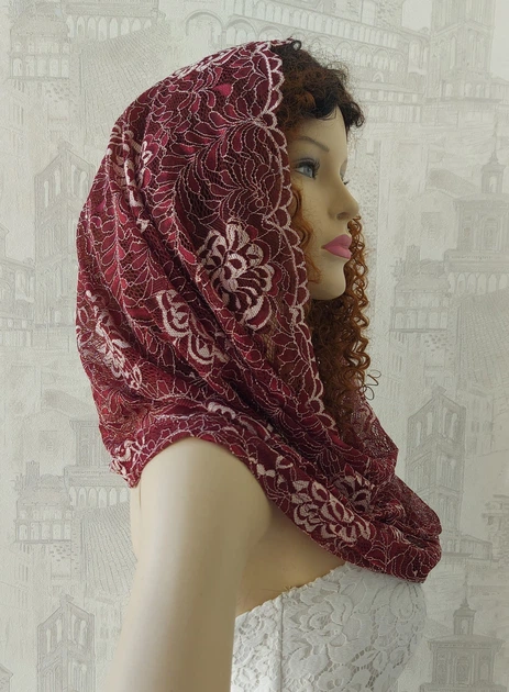 Круговий платок до церкви Lady Solomia 60х110см бордовий RC83 - Фото 1 Круговий платок до церкви Lady Solomia 60х110см бордовий RC83 - зображення 1
